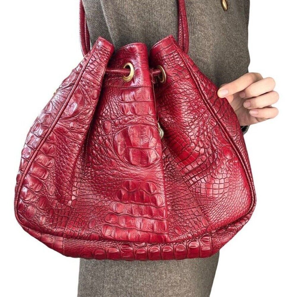 Brahmin Vintage Red Croc Embossed Leather Bucket Large Hobo Shoulder Bag Purse - Picture 2 of 11